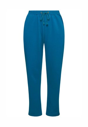 Pantaloni da tuta turchesi realizzati in tessuto morbido, con un elastico in vita dotato di stringa e occhielli dorati, design con gamba affusolata.