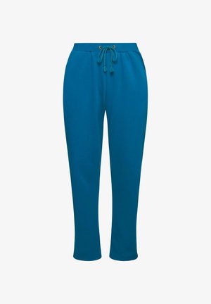 Pantaloni da tuta turchesi realizzati in tessuto morbido, con un elastico in vita dotato di stringa e occhielli dorati, design con gamba affusolata.
