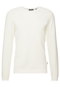 Vitt långärmad tröja av texturerat tyg med horisontella ränder. Har rund halsringning och ribbade ärmslut och nederkant.