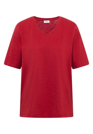 T-shirt rouge à manches courtes avec col en V, en tissu texturé, coupe décontractée et petite étiquette de marque à l’intérieur de l’encolure.