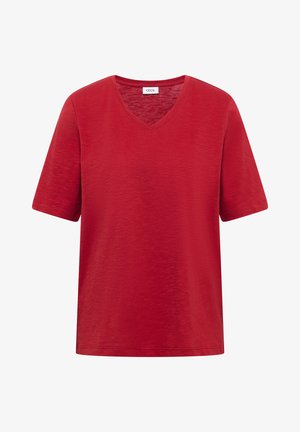 Rød T-shirt med korte ærmer og V-hals, lavet af tekstureret stof, med en afslappet pasform og et lille mærke indeni halsudskæringen.