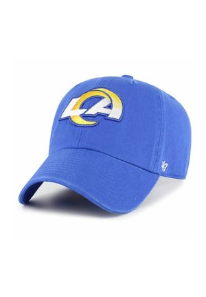 Blaues Baseballcap aus Stoff, mit einem auf der Vorderseite gestickten weißen und gelben Logo und einem strukturierten Schirm.