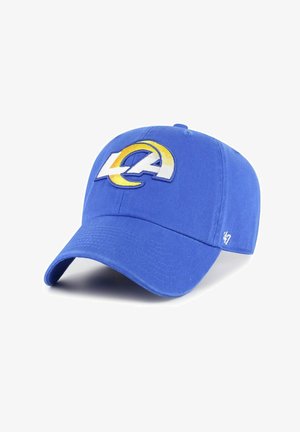 Blaues Baseballcap aus Stoff, mit einem auf der Vorderseite gestickten weißen und gelben Logo und einem strukturierten Schirm.