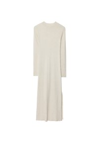 Robe tricotée crème à manches longues avec un col montant, texture côtelée et fentes latérales pour plus de liberté de mouvement. Tissu lisse et doux.