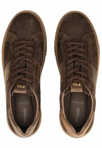 Brown suede high-top sneakers with brown laces, a textured midsole, and a tonal accent on the side. Features a comfortable memory foam insole.