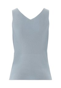 Hellblaues, geripptes Tanktop mit V-Ausschnitt, das eine figurbetonte Passform und eine glatte Textur aufweist. Der Stoff wirkt weich und langlebig.