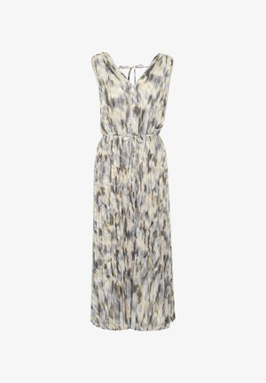 Vestido maxi de una tela ligera y fluida con un patrón de acuarela en beige, gris y blanco roto. Escote en V y lazo ajustable en la parte posterior.