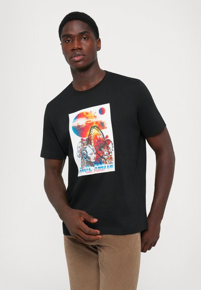 Black short-sleeve t-shirt featuring a colorful graphic print with planets, a roller coaster, and a robotic face. Casual fit and crew neckline.