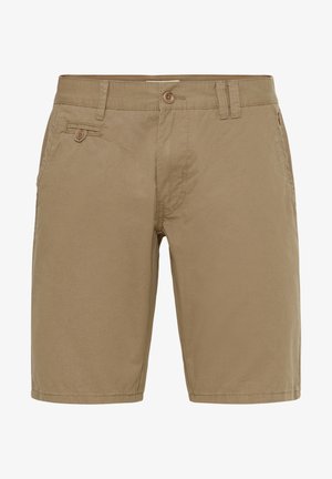 Pantalones cortos caqui de mezcla de algodón, con corte recto, cierre de botón, bolsillos frontales y sutiles detalles de costura.