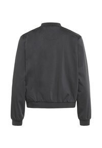 Dunkelgraue Bomberjacke mit einem runden Kragen, elastischem Saum und Bündchen. Hergestellt aus glattem Stoff, mit einem schlichten Design ohne Muster.