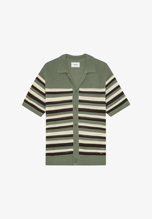 Grüne Strick-Shortsärmel-Cardigan mit horizontalen schwarzen, weißen und beigen Streifen und durchgehender Knopfleiste.