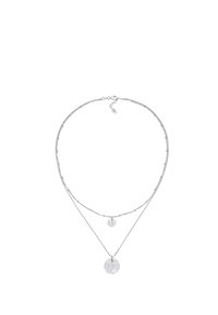 Collana in argento a più strati con due catene di diverse lunghezze, dotata di pendenti circolari di dimensioni variabili e superfici testurizzate.