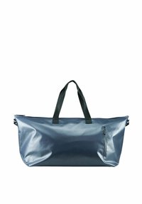 Sac de voyage imperméable bleu avec poignées noires, doté d'une poche latérale zippée et d'une finition lisse et brillante. Forme rectangulaire.