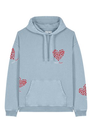 Light blue hoodie with a front pocket, decorated with red heart graphics and the text "SWEET heart" in a casual font on the front and sleeves.