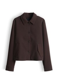 Bruine cropped jas met een platte kraag, voorzien van een knoopsluiting aan de voorkant, twee zijzakken en lange mouwen met knoopmanchetten.