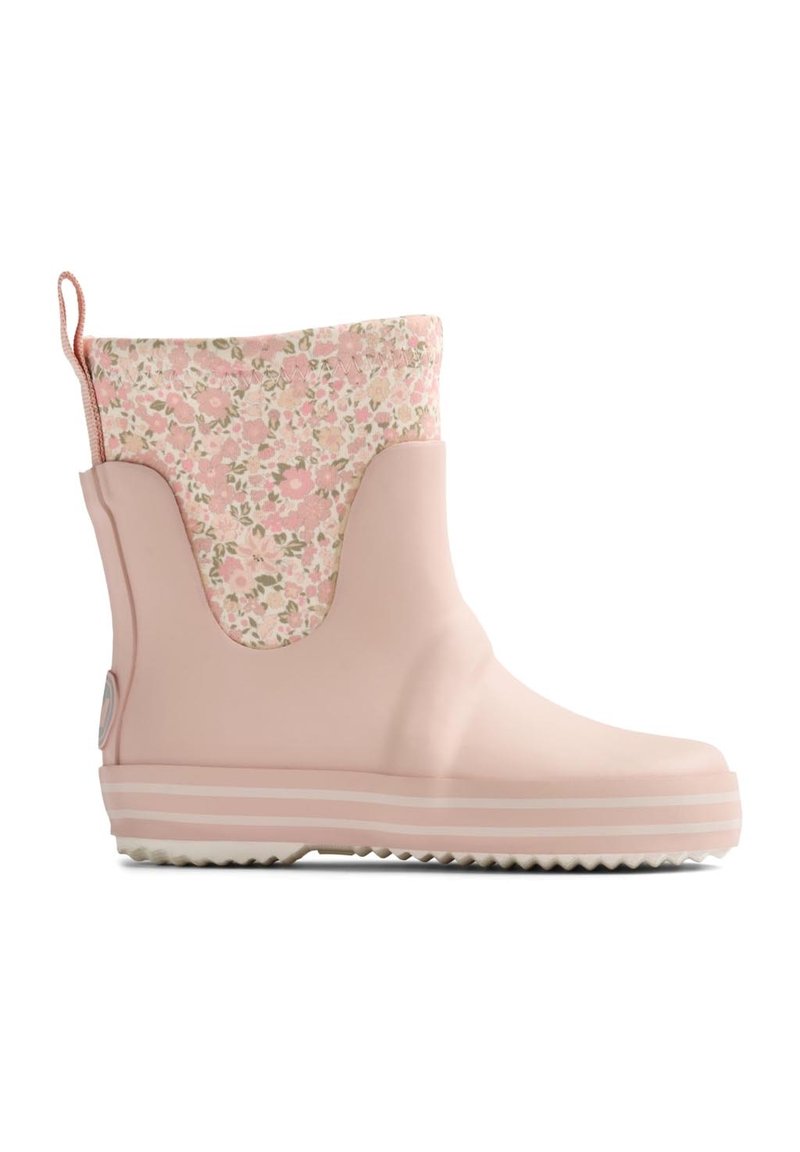 Botte de cheville imperméable rose avec un haut à motif floral, en matériau en caoutchouc, semelle à texture antidérapante et une languette à l'arrière pour un enfilage facile.
