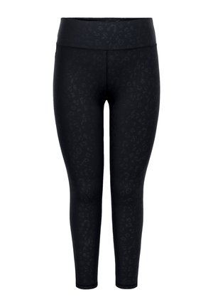 Schwarze Leggings mit hoher Taille, subtilem dunklem Leopardenmuster und vorderer Naht, dargestellt vor weißem Hintergrund.