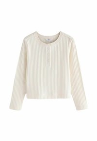 Skraćeni dukserica dugih rukava u off-white rebrastom materijalu. Ima okrugli izrez i tri dugmeta sprijeda. Mekana tekstura i opušteni kroj.