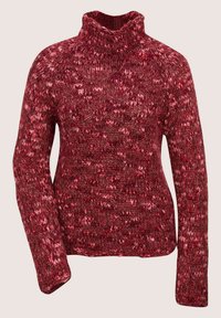 Rood en roze gestreepte gebreide coltrui met lange mouwen en een gestructureerd chunky patroon.