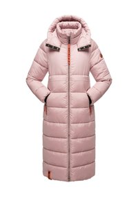Long pink puffer coat with a high collar, zip front, black accents, and two zippered side pockets. Horizontal quilting throughout.
