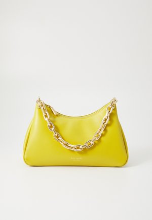 Yellow leather handbag with a rounded shape, featuring a chunky gold chain handle and a zip closure. "Kate Spade" logo in gold at the front.