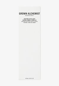 Białe prostokątne opakowanie dla enzymatycznego peelingu, z odważnym czarnym drukiem z informacjami o produkcie. Rozmiar: 75 ml, 2,53 fl oz.