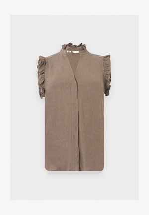 Varrukateta taupe värvi pluus, millel on volangidega kõrge krae ja käeaugud, V-kaelus ja varjatud eesmine nööbistik.