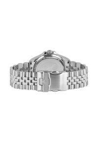 Edelstahl-Armbanduhr mit polierter Oberfläche und einem Gliederarmband. Verfügt über ein rundes Gehäuse mit einem glatten Rahmen und einem Verschluss, der mit "JACQUES LEVAN" graviert ist.