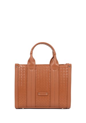 Borsa a mano in pelle intrecciata color tan con doppio manico, forma rettangolare strutturata e targhetta con logo Hexagona sul davanti.