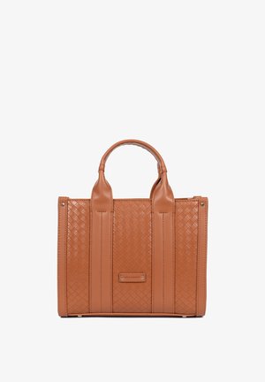 Borsa a mano in pelle intrecciata color tan con doppio manico, forma rettangolare strutturata e targhetta con logo Hexagona sul davanti.