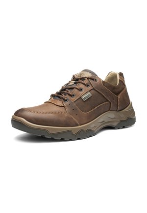 Brown leather shoe with gray accents, textured upper, and padded collar. Features lace-up design and rugged, patterned outsole for traction.