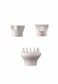 Diffusore per phon in plastica bianca con finitura liscia. Presenta una base svasata, molteplici aperture allungate e sezioni rialzate per migliorare il flusso d'aria.