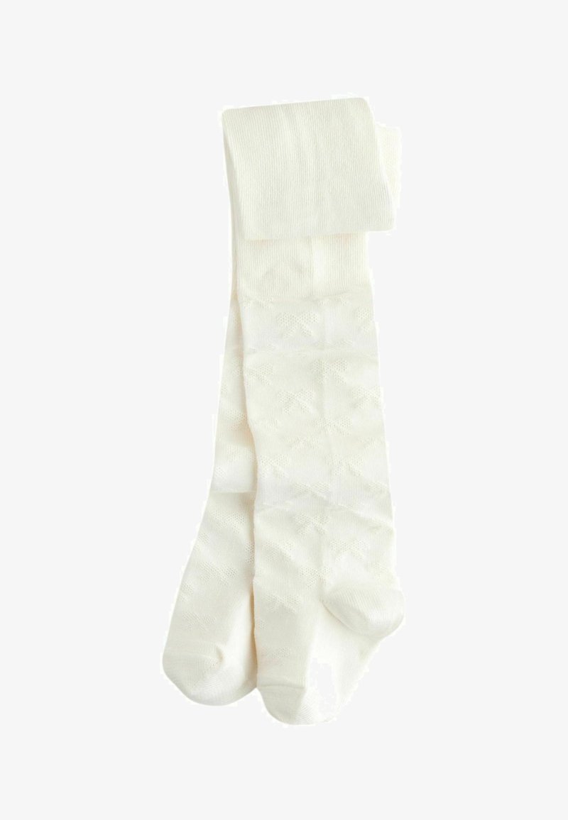 Chaussettes blanches montantes en matériau lisse et extensible ; présentent un motif en diamant avec un bandeau supérieur côtelé.