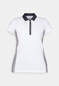 White polo shirt with short sleeves and a zippered neck, featuring black accents and a textured patterned side panel.
