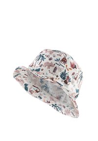 Bucket-Hut aus leichtem Stoff mit einem weißen Hintergrund und bunten Tier- und Pflanzenmustern in rosa, blau und grünen Farbtönen.