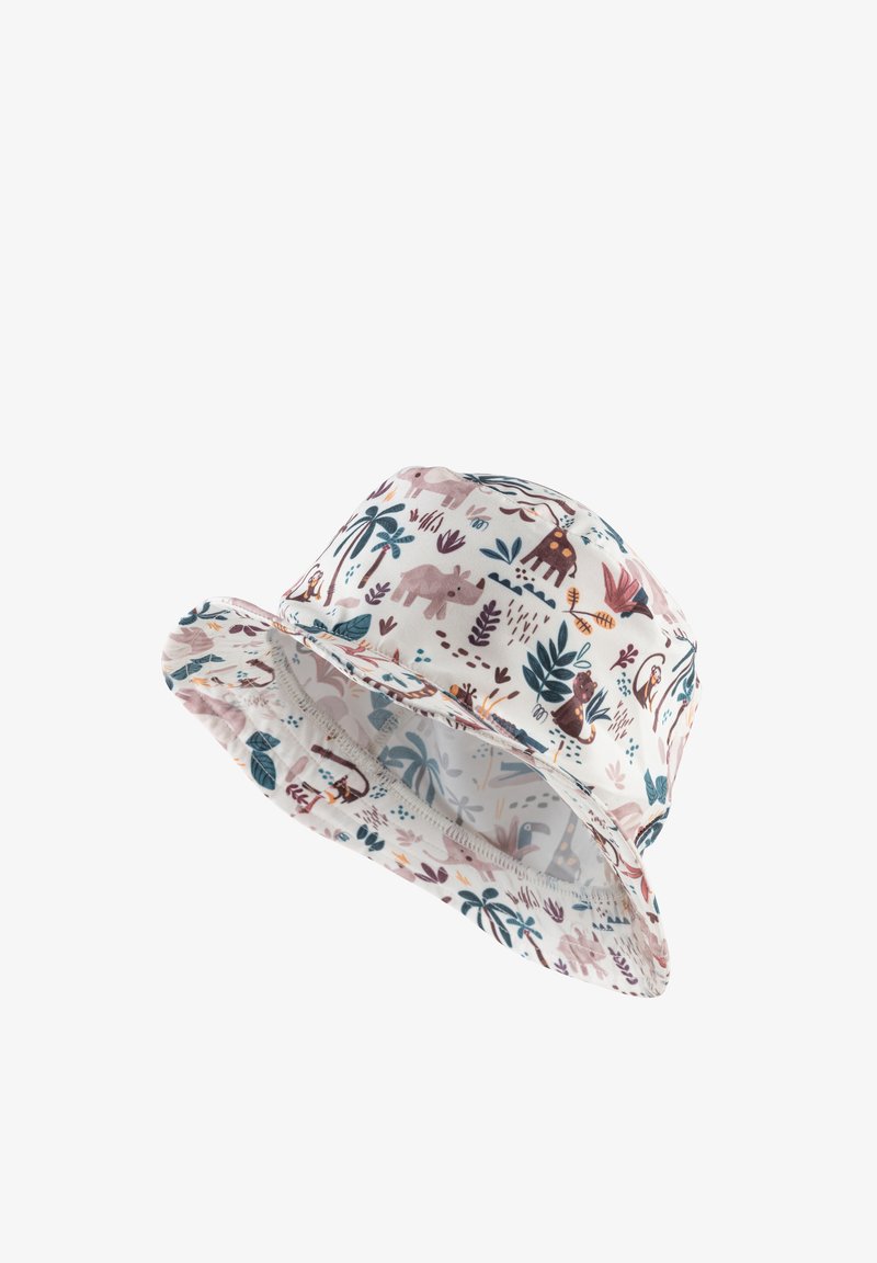Bucket-Hut aus leichtem Stoff mit einem weißen Hintergrund und bunten Tier- und Pflanzenmustern in rosa, blau und grünen Farbtönen.
