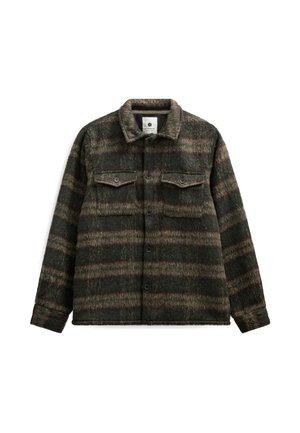 Chaqueta de lana a rayas verde oscuro y marrón con cierre de botones y dos bolsillos con botones en el pecho, mostrada sobre un fondo blanco.