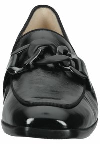 Black leather loafer with a smooth texture, featuring a glossy finish and a decorative black chain detail across the upper.