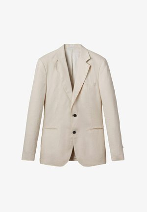 Heled beige linane bleiser, millel on nurgelised kraed, kaks eesmist taskut, kaks musta nuppu ja minimaalne detailide arv. Sile, tekstureeritud pind.