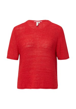 Czerwony, dziany sweter z krótkim rękawem i okrągłym dekoltem, z teksturowanym, otwartym splotem i luźnym krojem. Metka widoczna przy dekolcie.