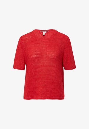 Czerwony, dziany sweter z krótkim rękawem i okrągłym dekoltem, z teksturowanym, otwartym splotem i luźnym krojem. Metka widoczna przy dekolcie.