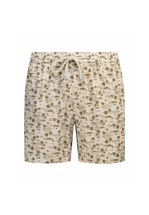 Beige zwemboxershort met een olijfgroene print van palmbomen en een strandscène, elastische tailleband en een crèmekleurige trekkoord aan de voorkant.