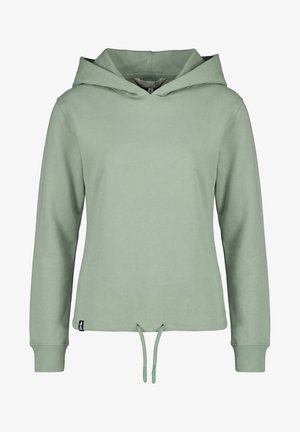 Hellgrüner Langarm-Hoodie mit vorderem Kordelzug am Saum, gerippten Bündchen und einem kleinen schwarzen Etikett an der unteren Seitennaht.