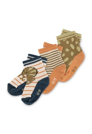 Set aus drei Paar Kleinkindsocken: eines mit gestreiftem Muster und Dinosaurier, eines mit horizontalen Streifen in erdigen Tönen und eines mit Punkten.