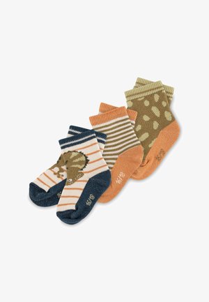 Set of three pairs of toddler socks: one with striped pattern and dinosaur, one with horizontal stripes in earthy tones, and one with polka dots.