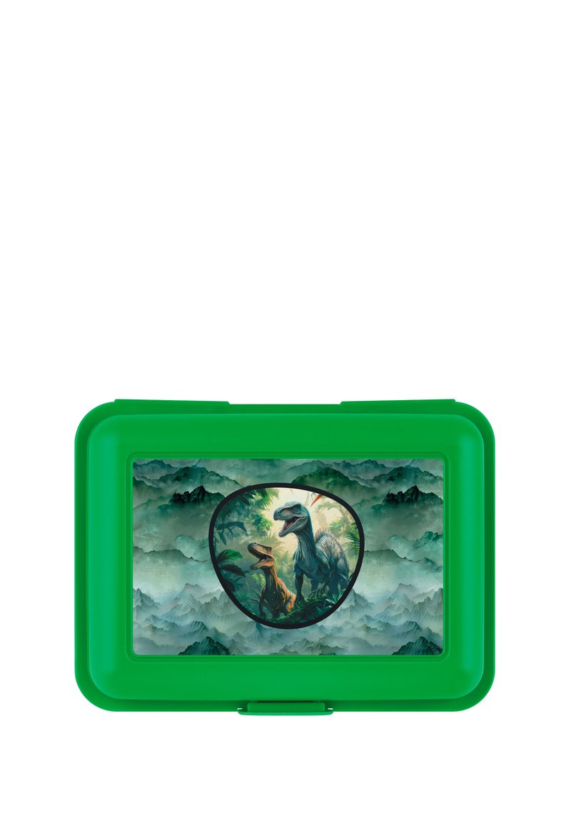 Lunch box verde di plastica con un vivace design di dinosauro su uno sfondo di paesaggio montano, con una finitura liscia e una chiusura a scatto.