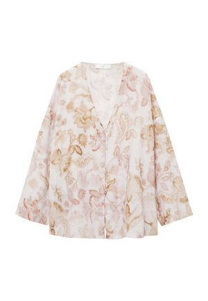 Lätt, blommönstrad blus i mjuka rosa och beiga nyanser. Har V-ringning, långa ärmar och knäppning fram.