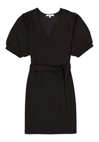Vestido negro con escote en V, mangas cortas abullonadas y un cinturón atado en la cintura. La tela parece suave con un ligero brillo.