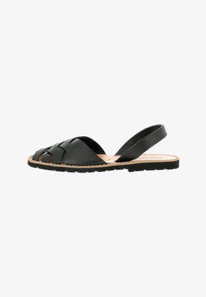 Sandales en cuir noir avec un design supérieur tissé, côtés ouverts et une sangle arrière. Semelle intérieure texturée et semelle extérieure en caoutchouc pour une meilleure adhérence.