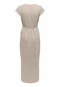 Robe maxi beige à manches courtes avec un col rond et une fine ceinture cintrant la taille, vue de dos.